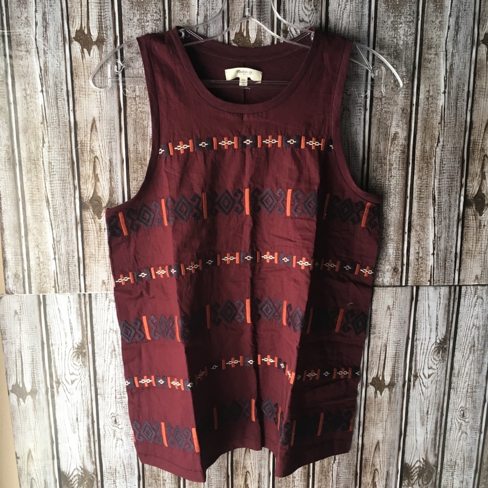 Madewell Women Burgundy Tribal Embroidered Tank